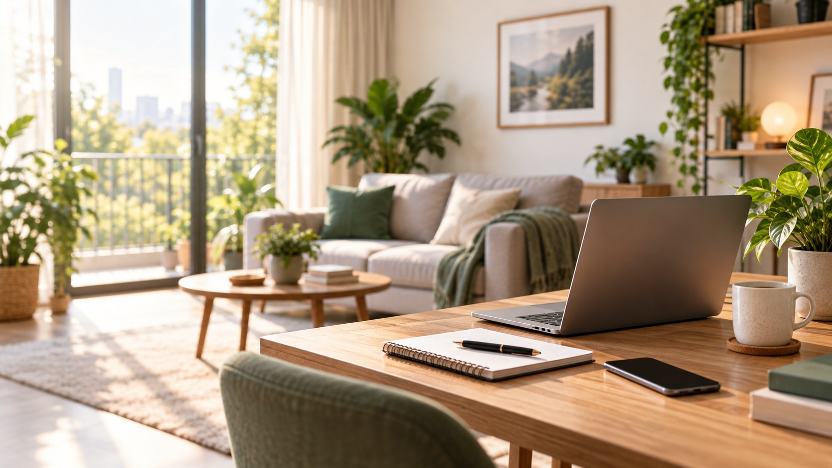Bright modern home workspace with a laptop, notebook and everyday planning tools